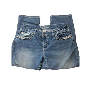 Love Indigo Embroidered Denim Capri Jeans Rhinestones Thick Stitching Sz 10